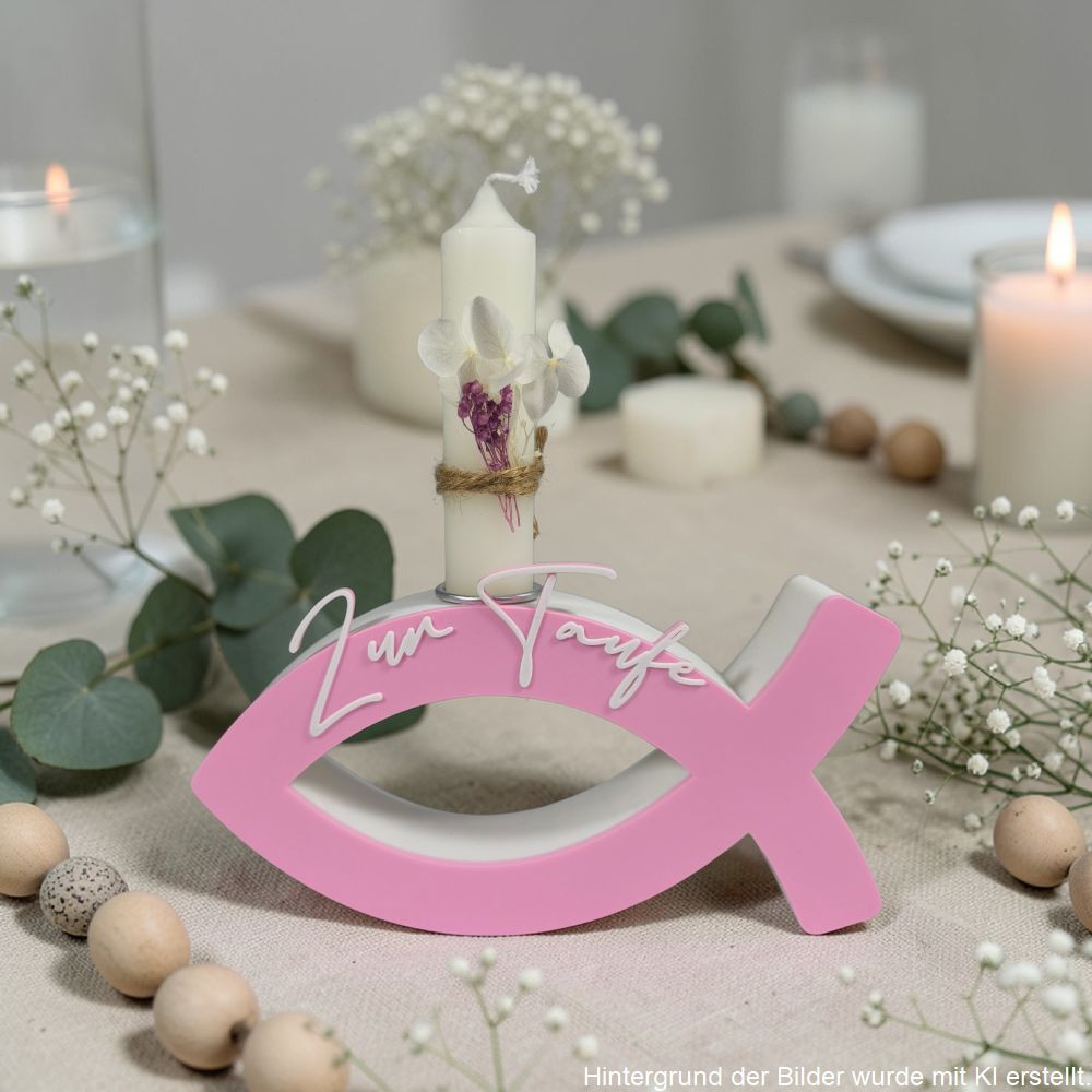 Personalisierter rosa Fisch zur Taufe mit Kerzenhalter, dekoriert mit Trockenblumen, stilvolle Taufdeko